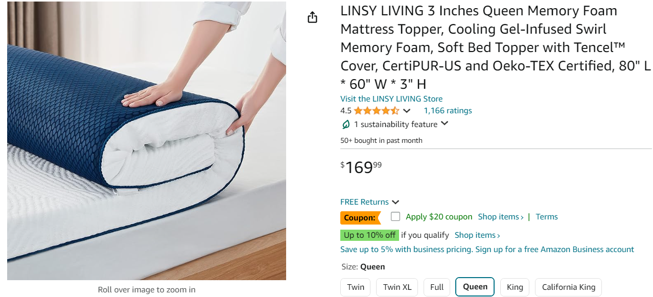 LINSY LIVING 3 Inches Queen Memory Foam Mattress Topper