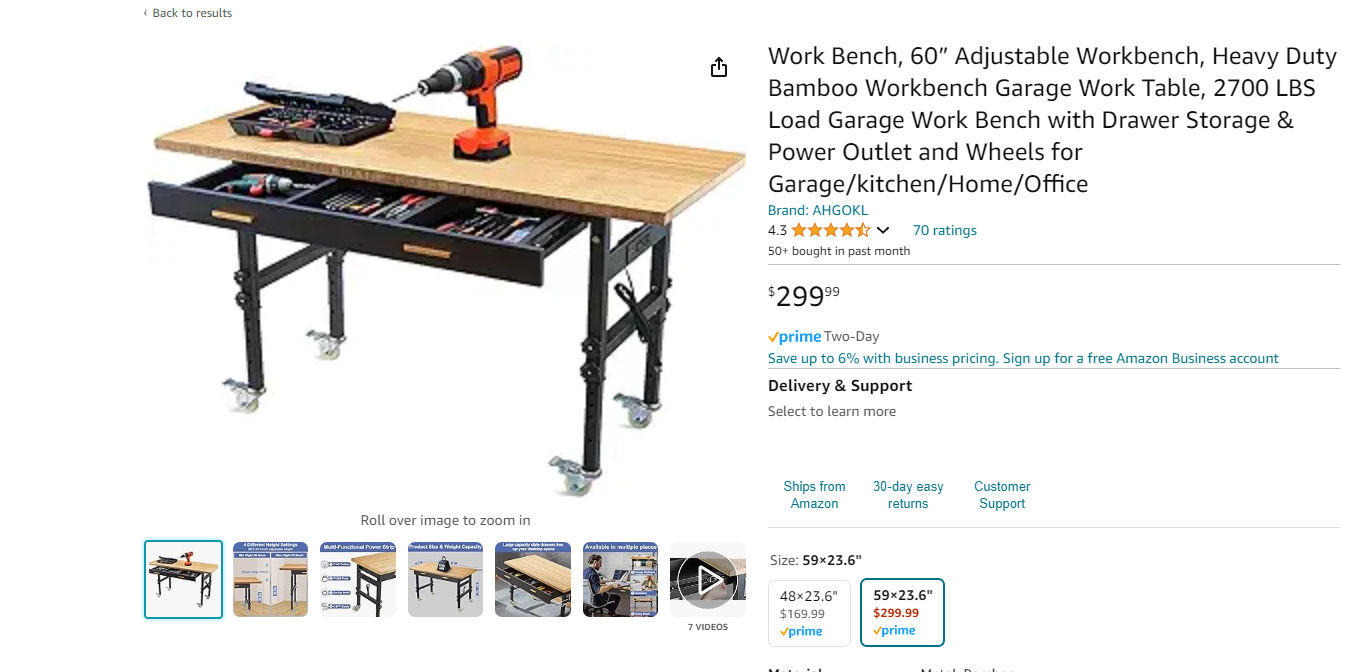 Adjustable Workbench with Drawer Storage, Heavy Duty Bamboo Wood Work Table with Power Outlet and Wheels for Garage Home Office (47.2×23 in)