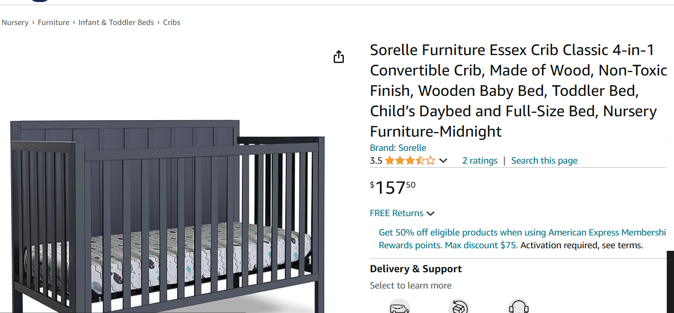 Sorelle Furniture Essex Crib Classic 4-in-1 Convertible Crib, Made of Wood, Non-Toxic Finish