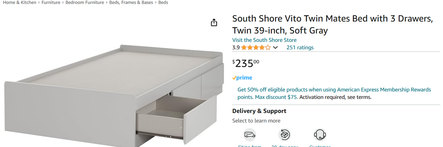 South Shore Vito Twin Mates Bed with 3 Drawers, Twin 39-inch, Soft Gray