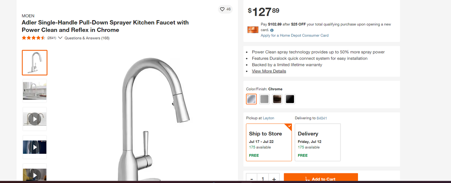 Adler Single-Handle Pull-Down Sprayer Kitchen Faucet with Power Clean and Reflex in Chrome MODEL # 87233