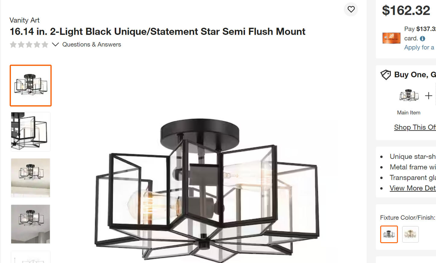 Vanity Art 16.14 in. 2-Light Black Unique/Statement Star Semi Flush Mount