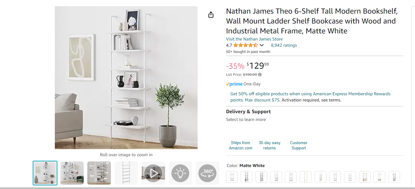 Nathan James Theo 6-Shelf Tall Modern Bookshelf, Wall Mount Ladder Shelf Bookcase with Wood and Industrial Metal Frame, Matte White