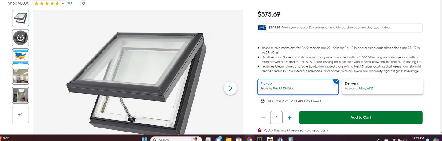 Velux VCM 2222 2004 Velux VCM 2222 2004 27-3/8 Inch x 27-3/8 Inch Laminated Manual Venting Curb Mounted No Leak Skylight from the VCM Collection