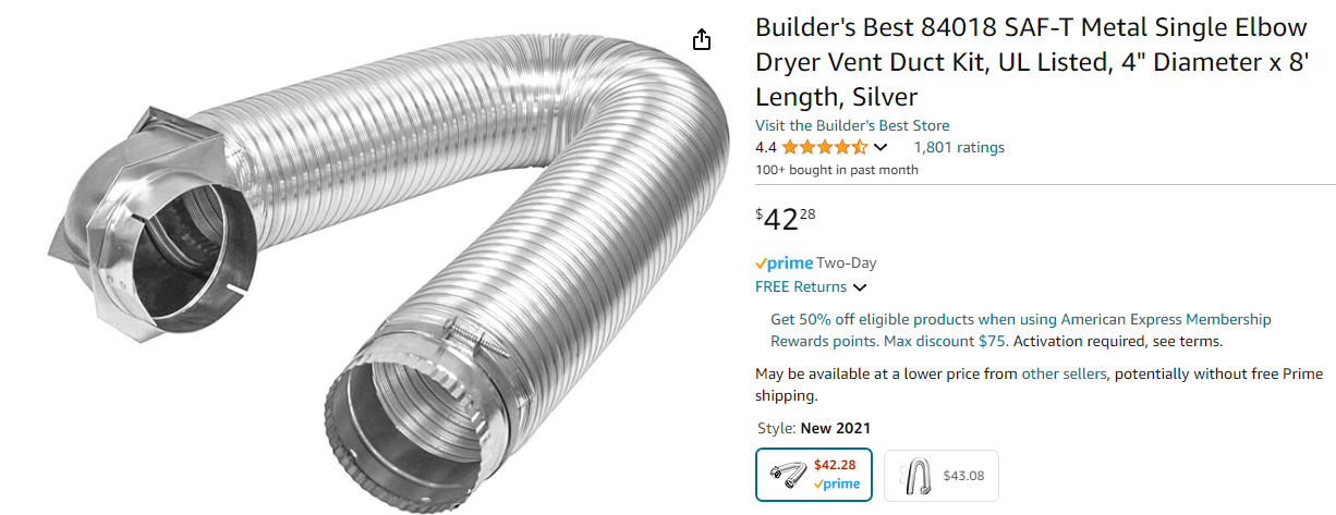 Builder's Best 84018 SAF-T Metal Single Elbow Dryer Vent Duct Kit, UL Listed, 4" Diameter x 8' Length, Silver