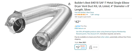 Builder's Best 84018 SAF-T Metal Single Elbow Dryer Vent Duct Kit, UL Listed, 4" Diameter x 8' Length, Silver