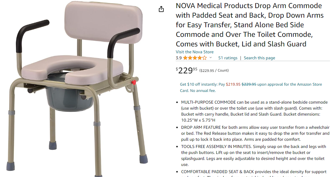 NOVA Medical Products Drop Arm Commode with Padded Seat and Back, Drop Down Arms for Easy Transfer, Stand Alone Bed Side Commode and Over The Toilet Commode, Comes with Bucket, Lid and Slash Guard