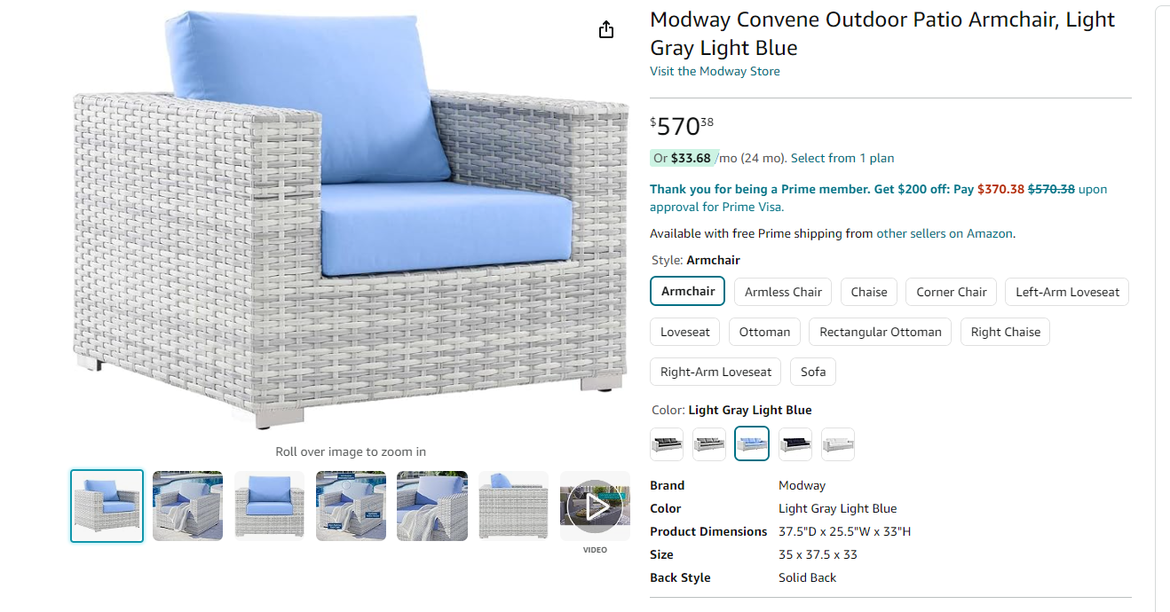 Modway Convene Outdoor Patio Armchair, Light Gray Light Blue