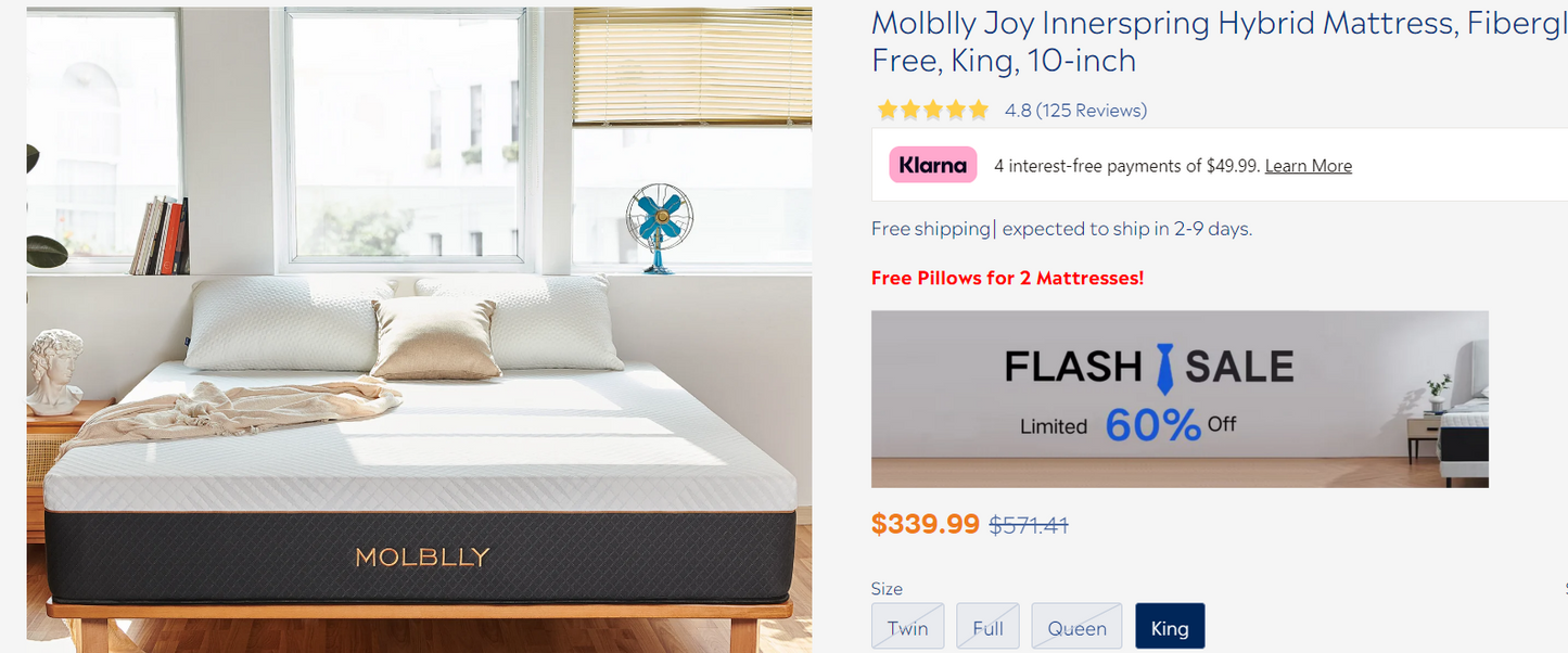 Molblly Joy Innerspring Hybrid Mattress, Fiberglass Free, King, 10-inch