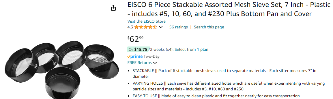 EISCO 6 Piece Stackable Assorted Mesh Sieve Set