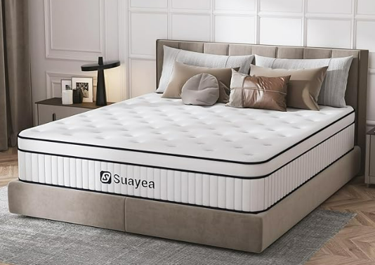 Suayea King Mattress 12 Inch, King Size Mattress in a Box, Hybrid Mattress with Pocket Spring and Soft Foam, Ultimate Motion Isolation, Strong Support, Medium Firm, Upgraded Strength