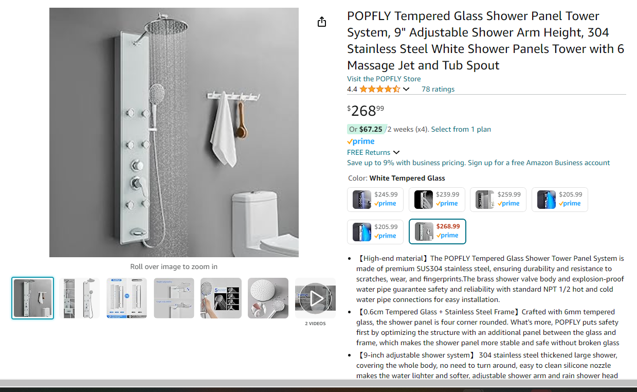 POPFLY Tempered Glass Shower Panel Tower System, 9" Adjustable Shower Arm Height, 304 Stainless Steel White Shower Panels Tower with 6 Massage Jet and Tub Spout