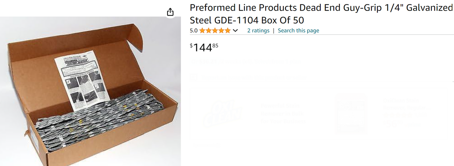 Preformed Line Products Dead End Guy-Grip 1/4" Galvanized Steel GDE-1104 Box Of 50