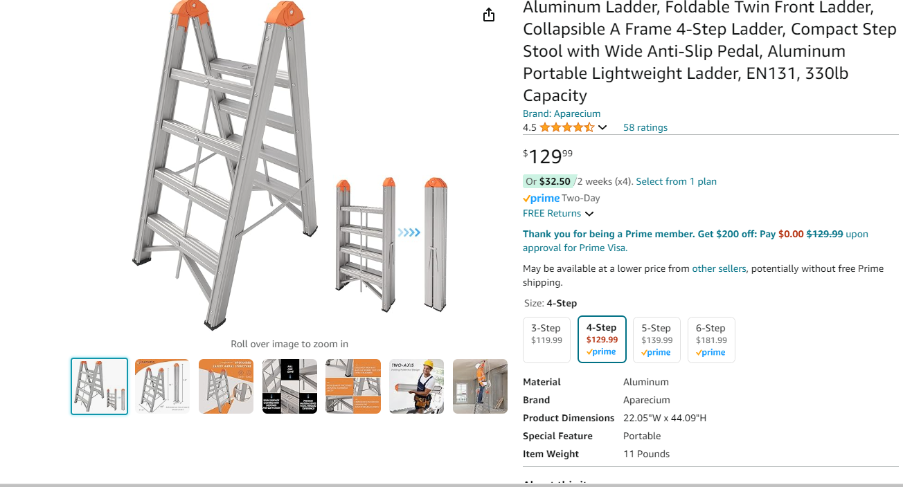 Aluminum Ladder, Foldable Twin Front Ladder, Collapsible A Frame 4-Step Ladder, Compact Step Stool with Wide Anti-Slip Pedal, Aluminum Portable Lightweight Ladder, EN131, 330lb Capacity