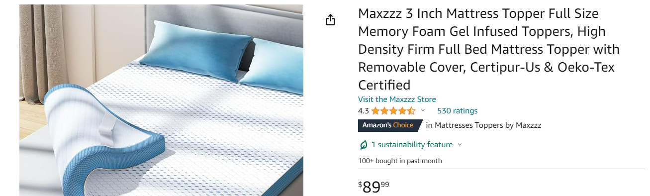 Maxzzz 3 Inch Mattress Topper Full Size Memory Foam Gel Infused Toppers, High Density Firm Full Bed Mattress Topper with Removable Cover