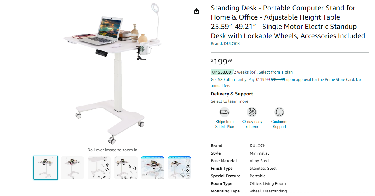 DULOCK - Standing Desk - Portable Computer Stand for Home & Office - Adjustable Height Table 25.59”-49.21” - Single Motor Electric Standup Desk with Lockable Wheels, Accessories Included