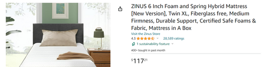 ZINUS 6 Inch Foam and Spring Hybrid Mattress , Twin , Fiberglass free, Medium Firmness, Durable Support, Certified Safe Foams & Fabric