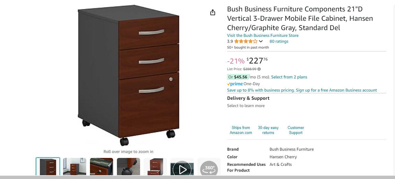 Bush Business Furniture Components 21"D Vertical 3-Drawer Mobile File Cabinet, Hansen Cherry/Graphite Gray, Standard Del