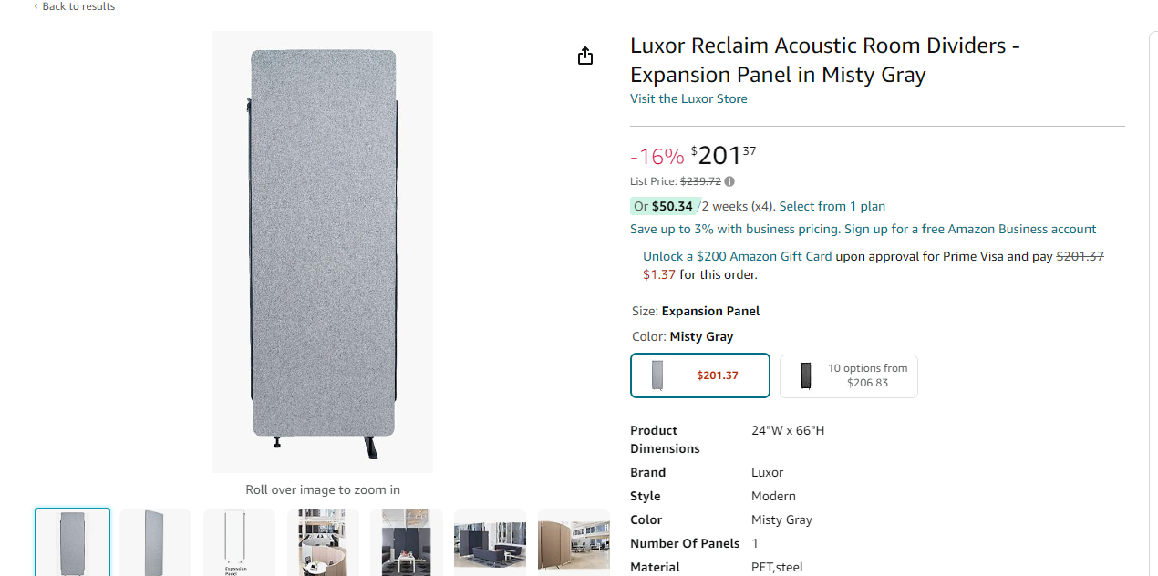 Luxor Reclaim Acoustic Room Dividers - Expansion Panel in Misty Gray