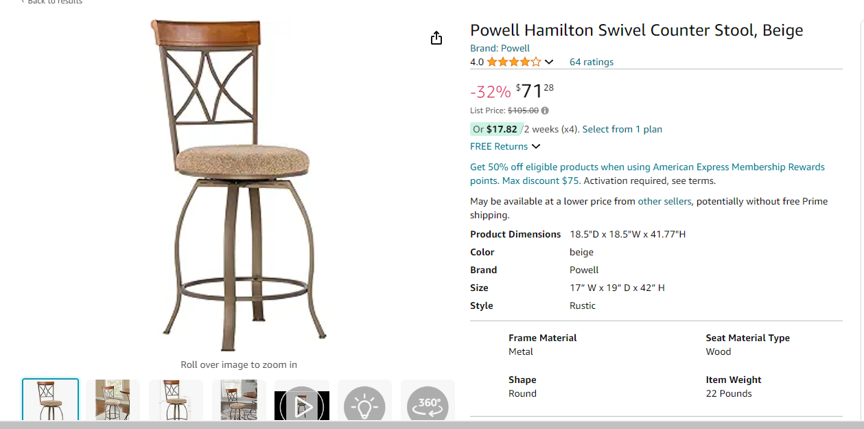 Powell Pewter and Bronze Hamilton Swivel Barstool, Bar Height, Beige