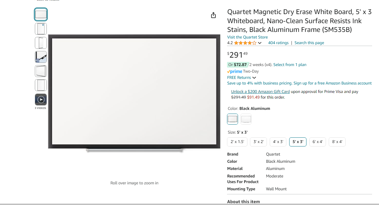 Quartet Magnetic Whiteboard, White Board, Dry Erase Board, 6' x 4', Silver Aluminum Frame, Prestige 2 Total Erase (TEM547A)