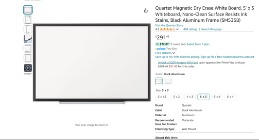 Quartet Magnetic Whiteboard, White Board, Dry Erase Board, 6' x 4', Silver Aluminum Frame, Prestige 2 Total Erase (TEM547A)