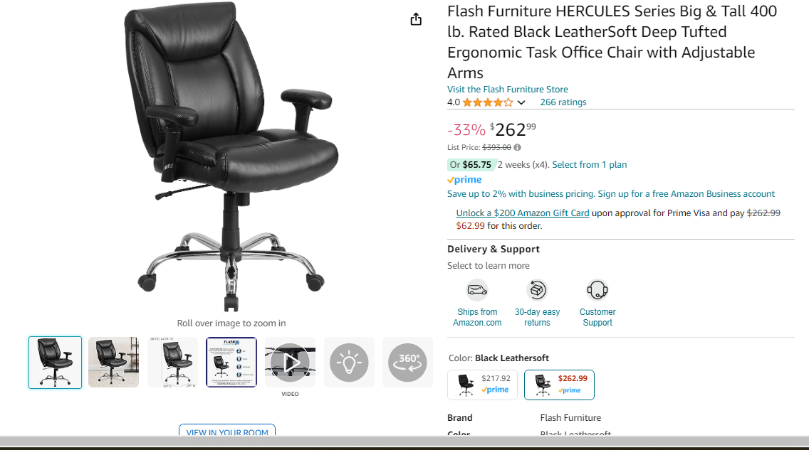 Flash Furniture HERCULES Series Big & Tall 500 lb. Rated Black LeatherSoft Executive Swivel Ergonomic Office Chair with Extra Wide Seat