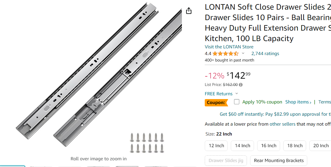 LONTAN Soft Close Drawer Slides 22 Inch Cabinet Drawer Slides 10 Pairs - Ball Bearing Drawer Slides Heavy Duty Full Extension Drawer Slides Dresser Kitchen, 100 LB Capacity