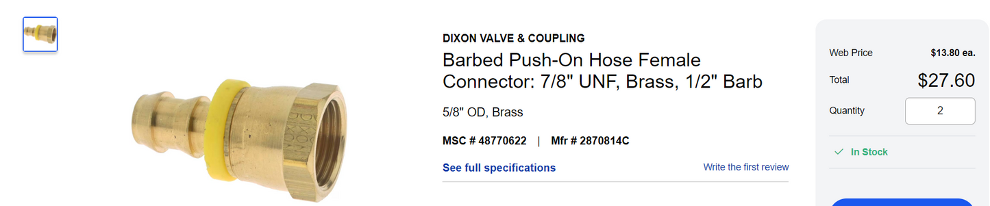 Dixon Barbed push on hose connector 7/8 unf 1/2 barb (2 pack)