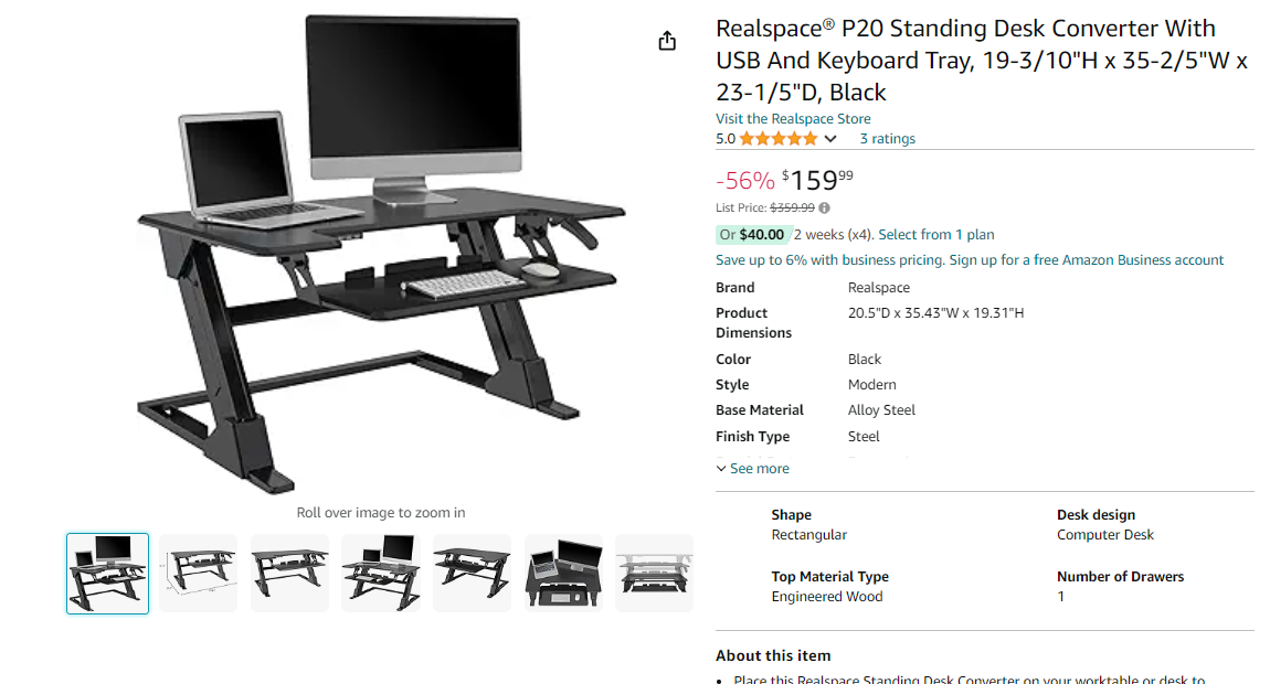 Realspace® P20 Standing Desk Converter With USB And Keyboard Tray, 19-3/10"H x 35-2/5"W x 23-1/5"D, Black