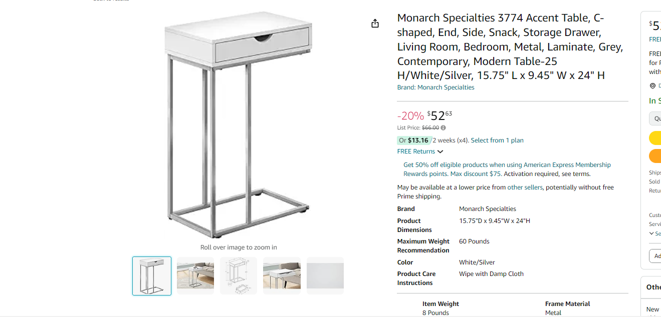 Monarch Specialties C Accent Table with Drawer-Chrome Metal Base, White