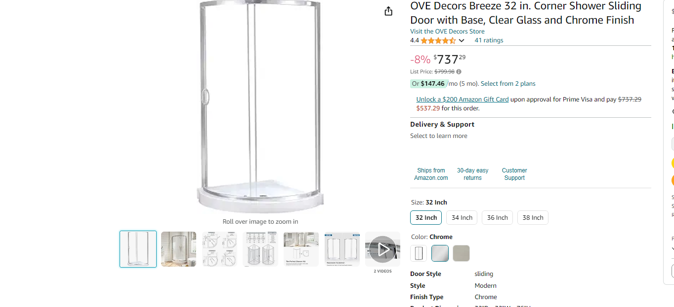 OVE Decors Breeze 32 in. Corner Shower Sliding Door , Clear Glass and Chrome Finish