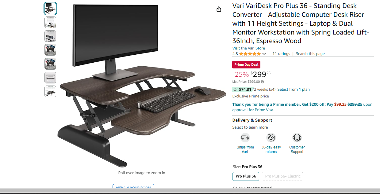 Vari - VariDesk Pro Plus 48 - Two-Tier Standing Desk Converter for Dual Monitors - Sit to Stand Desk for Office with 11 Height Settings, Spring-Assisted Lift, Dual Handles - Fully Assembled, Black