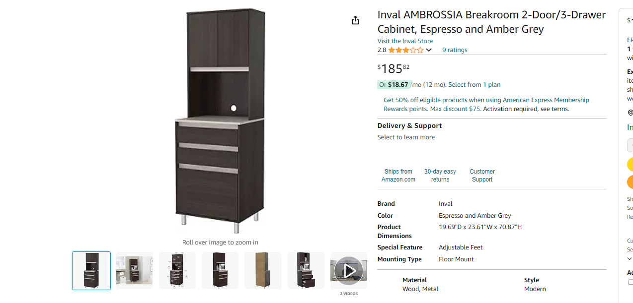 Inval AMBROSSIA Breakroom 2-Door/3-Drawer Cabinet, Espresso and Amber Grey