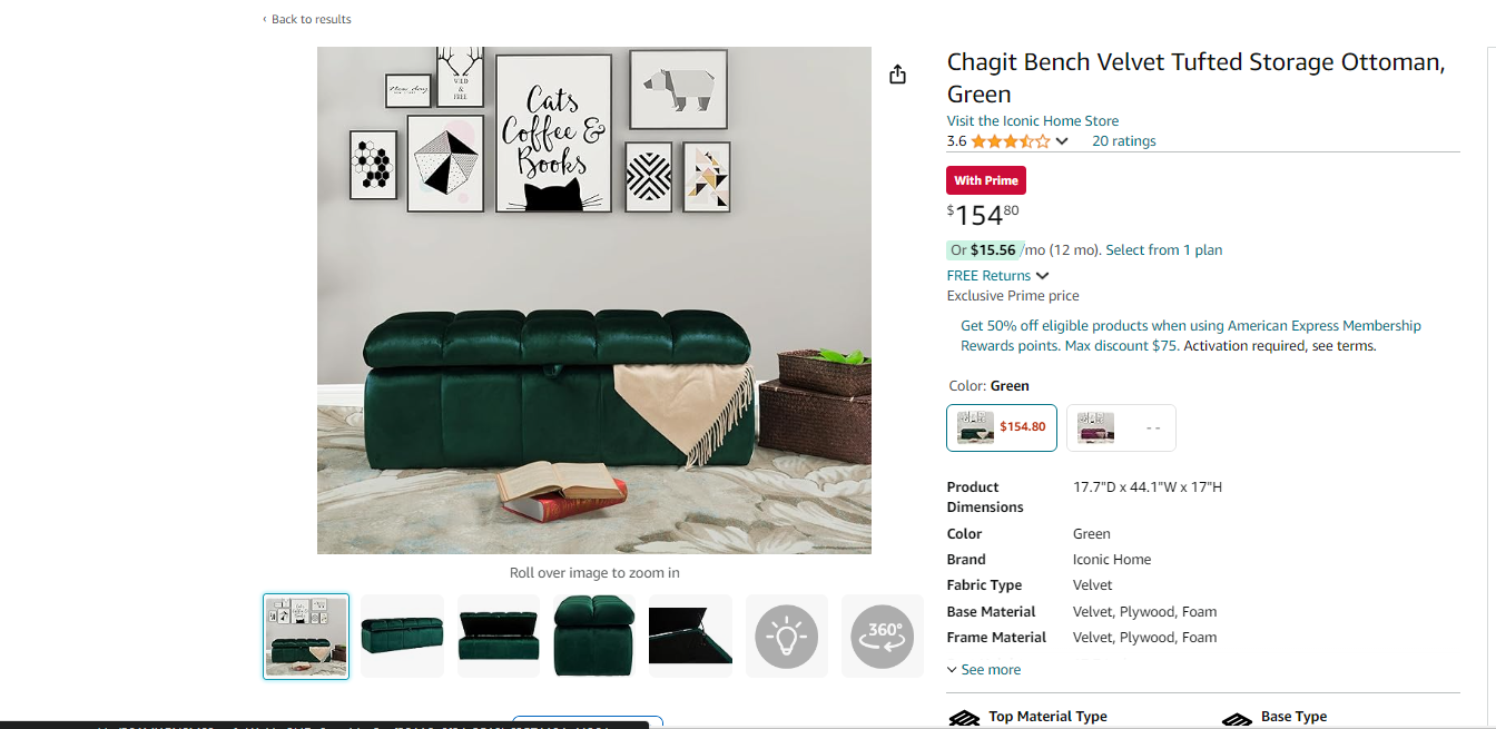 Iconic Home Chagit Bench Velvet Tufted Storage Ottoman, Green