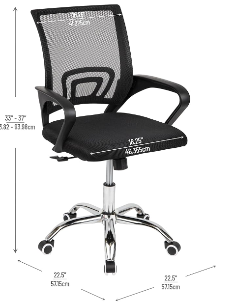 Mind Reader 9-to-5 Collection, Swivel Office Chair with Wheels L x 22.5" W x 33-37" H, Black