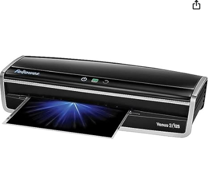 Fellowes Laminator Venus 2 125, Rapid 30-60 Second Warm-up Laminating Machine, with Laminating Pouches Kit (5734801), Black, Silver, 5.1" x 21.3" x 8.2"