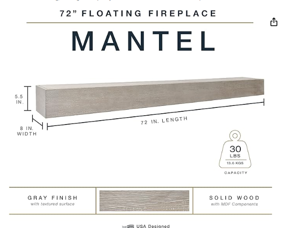 Master & Co. Rustic Floating Fireplace Mantel, Long Floating Shelf for Wall Decor, 72 Inches, Warm Gray