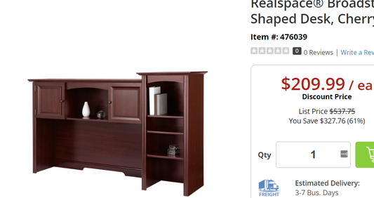 Realspace® Broadstreet 65”W Hutch For U-Shaped Desk, Cherry