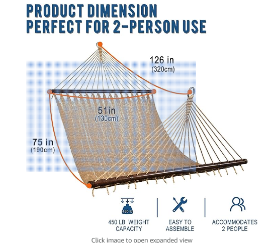 Lazy Daze 10 FT Double 2 Person Caribbean Rope Hammock, Hand Woven Polyester Hammock with Spreader Bars, Extra Large Outside Outdoor Backyard Patio Poolside Hammock, 450 LBS Capacity, Tan