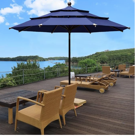 EliteShade USA 10-Year-Non-Fading 11Ft 3 Tiers Market Umbrella Patio Outdoor Cylinder Auto Push-up Table Umbrella with Ventilation, Navy Blue