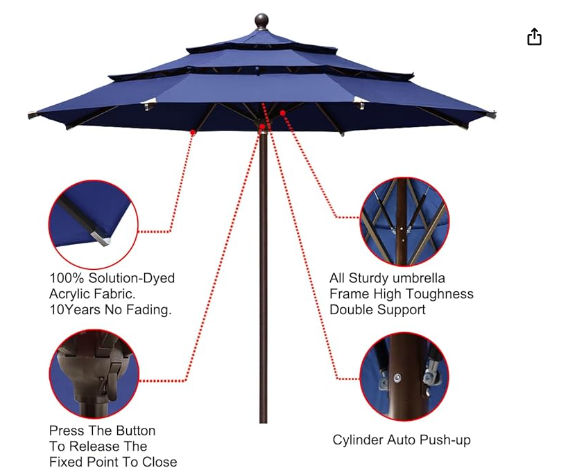 EliteShade USA 10-Year-Non-Fading 11Ft 3 Tiers Market Umbrella Patio Outdoor Cylinder Auto Push-up Table Umbrella with Ventilation, Navy Blue