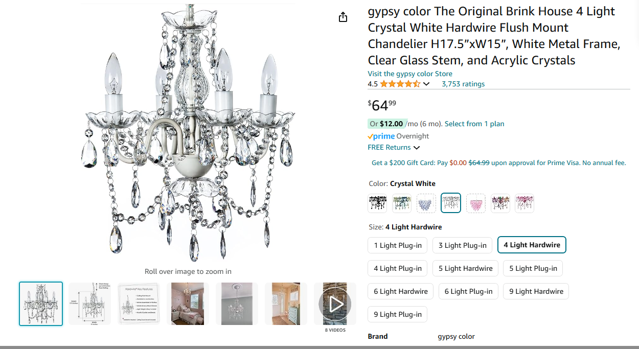 gypsy color4 Light Crystal White Hardwire Flush Mount Chandelier H17.5”xW15”