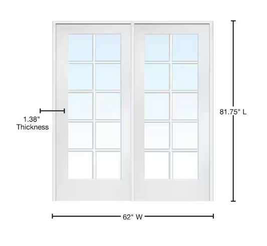 MMI JELD WEN 60 in. x 80 in. Right Hand Active Primed MDF Glass 10-Lite Clear True Divided Prehung Interior French Door Z009304R