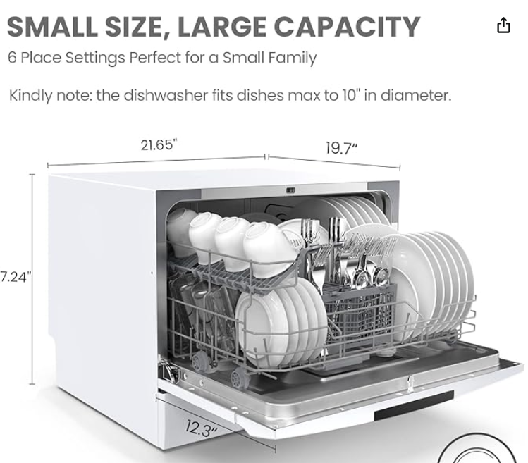 COMFEE’ Portable Mini Dishwasher, Energy Star, Countertop, 6 Place Settings, with 8 Washing Programs, Speed, Baby-Care, ECO& Glass, Dish Washer for Dorm, RV& Apartment, White