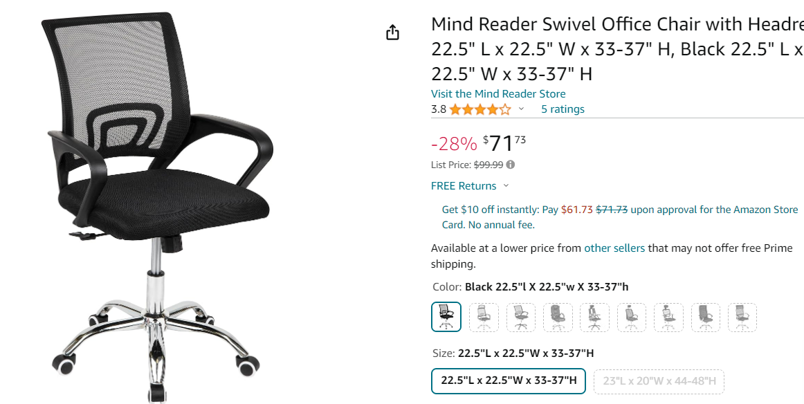 Mind Reader 9-to-5 Collection, Swivel Office Chair with Wheels L x 22.5" W x 33-37" H, Black