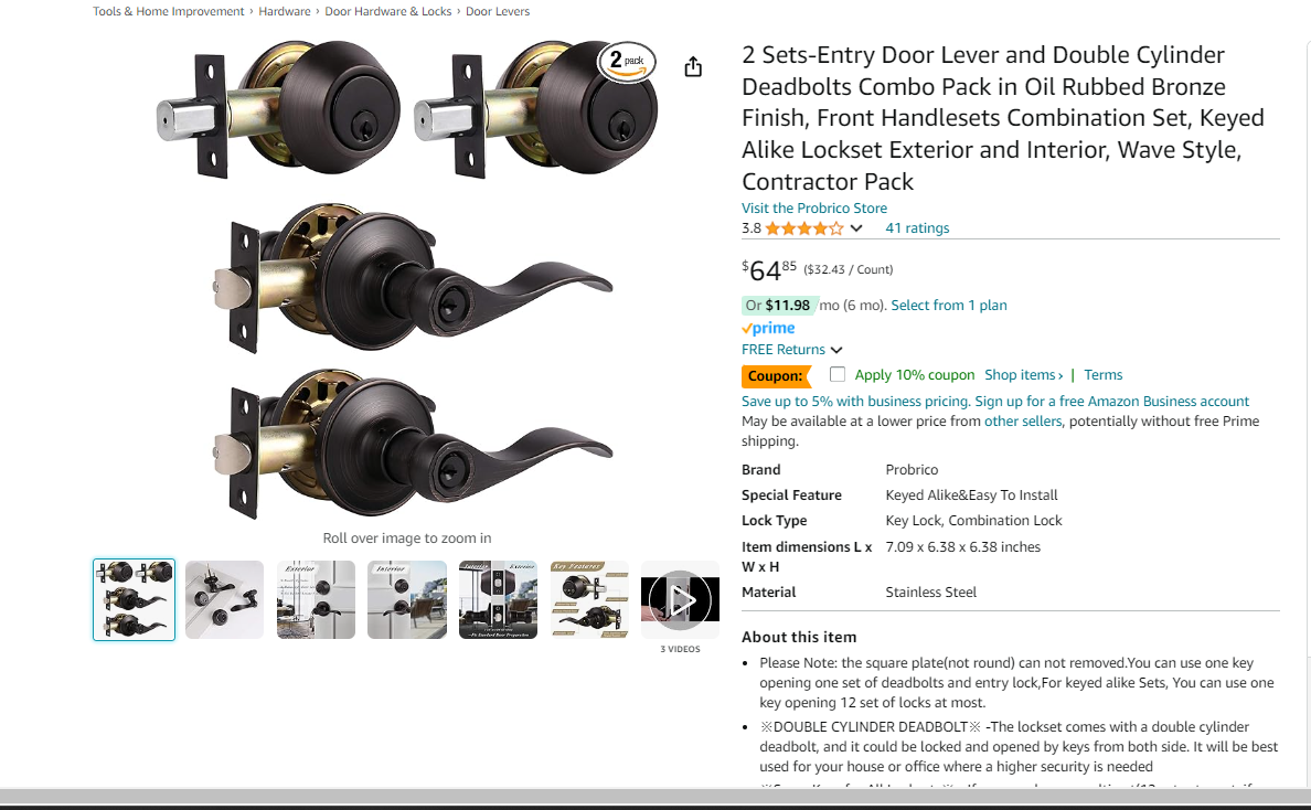 2 Sets-Entry Door Lever and Double Cylinder Deadbolts Combo Pack in Oil Rubbed Bronze Finish, Front Handlesets