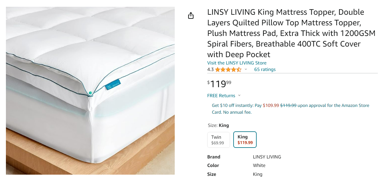 LINSY LIVING Queen Mattress Topper, Double Layers Quilted Pillow Top Mattress Topper, Plush Mattress Pad, Extra Thick with 1200GSM Spiral Fibers, Breathable 400TC Soft Cover with Deep Pocket