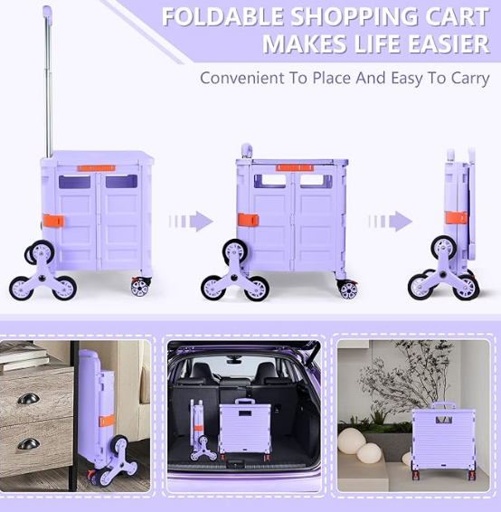 Honshine Foldable Utility Cart with Stair Climbing Wheels,Collapsible Rolling Crate with Magnetic Lid Telescopic Cover,Telescoping Handle,360° Rotate Wheel Hand Cart for teacher Shopping Moving Grocery(Purple)