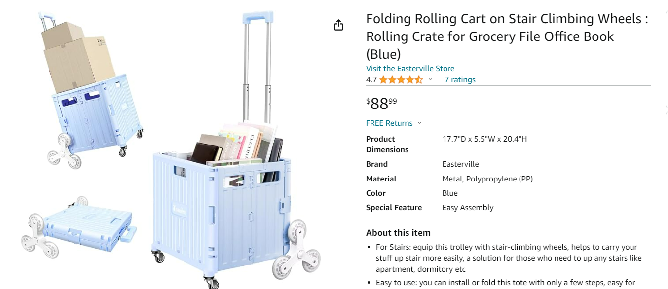 Honshine Folding Stair Climbing Cart with Wheels, Collapsible Rolling Crate, Blue, Pink and Lavender